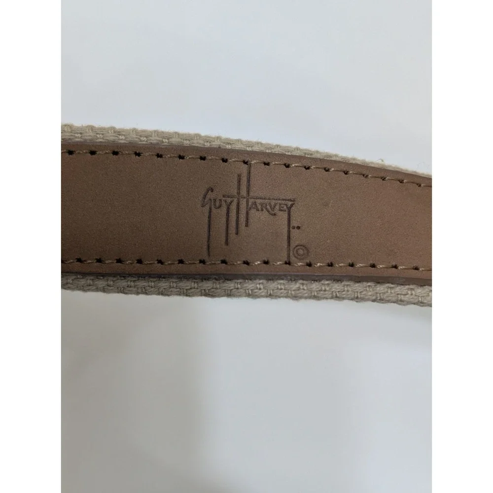 Guy Harvey Leather Belt Men's 36 Blue Fish Embroidered Tan/Beige Sport Fishing